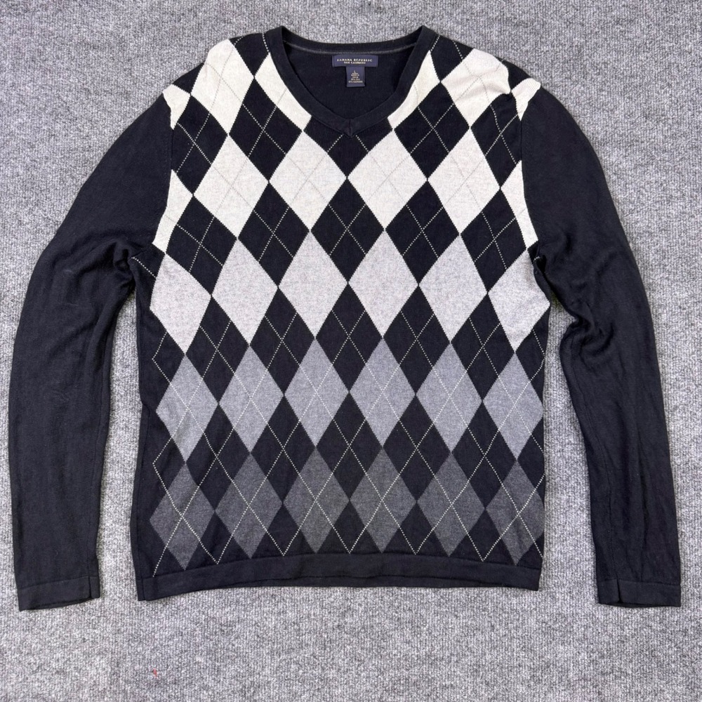 Banana Republic Mens Large Silk Cashmere Luxury V-Neck Sweater Black Grey White
